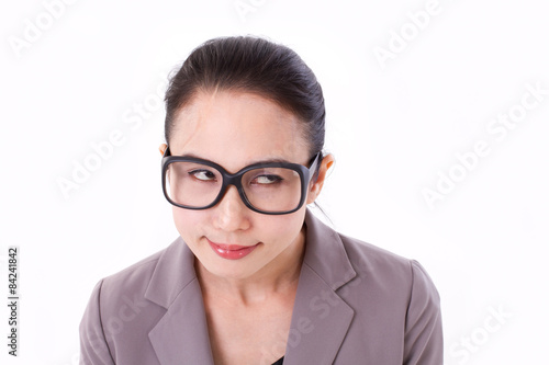 funny businesswoman looking up at blank space