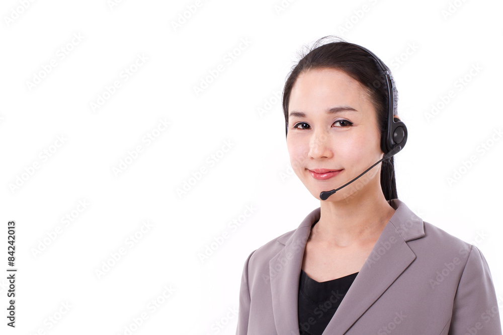 portrait of happy female customer service executive with headset portrait of happy female customer service executive with headset