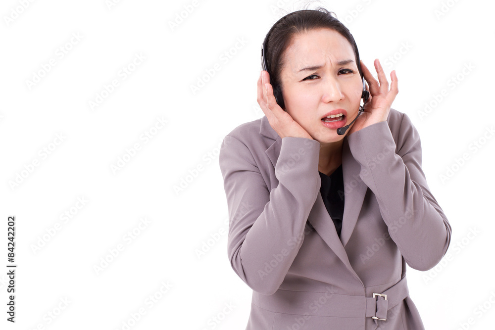 sad, unhappy customer service staff with headset, concept of wor sad, unhappy customer service staff with headset, concept of wor