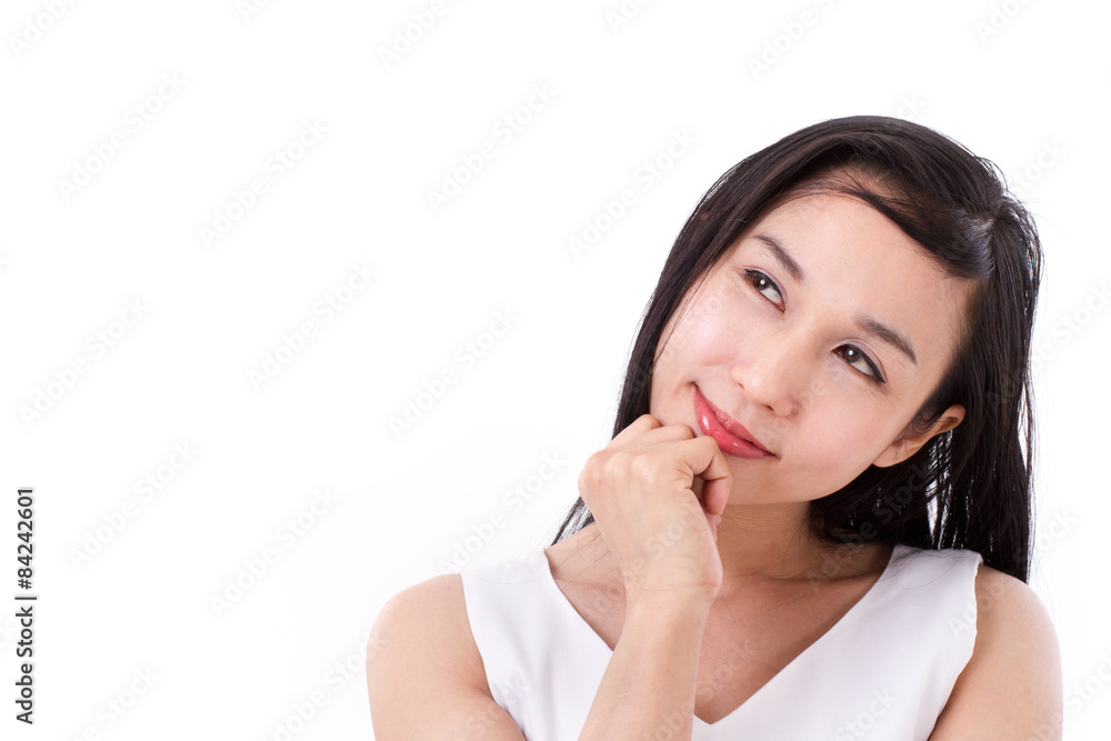 happy woman looking up at blank space happy woman looking up at blank space