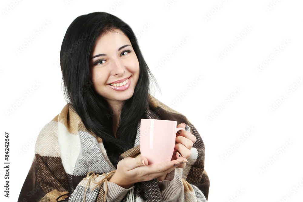 Portrait of young woman with cup and plaid on white background Portrait of young woman with cup and plaid on white background