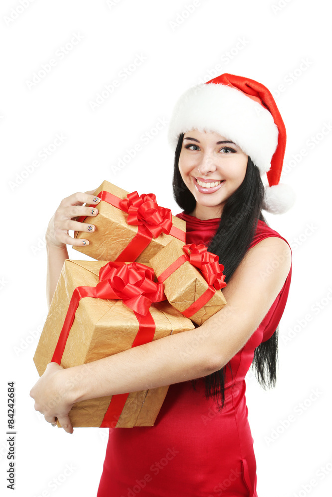 Beautiful woman in christmas hat with christmas gift Beautiful woman in christmas hat with christmas gift
