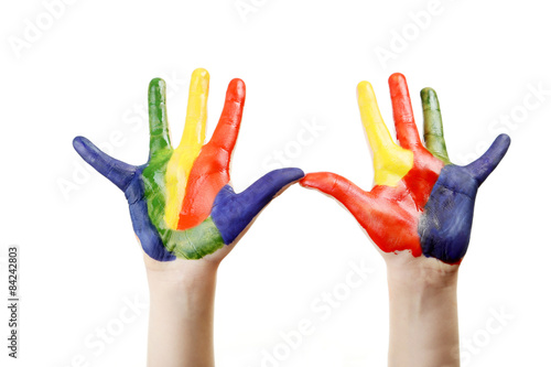 Boy hands painted isolated on white