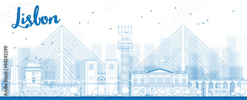 Outline Lisbon city skyline with blue buildings