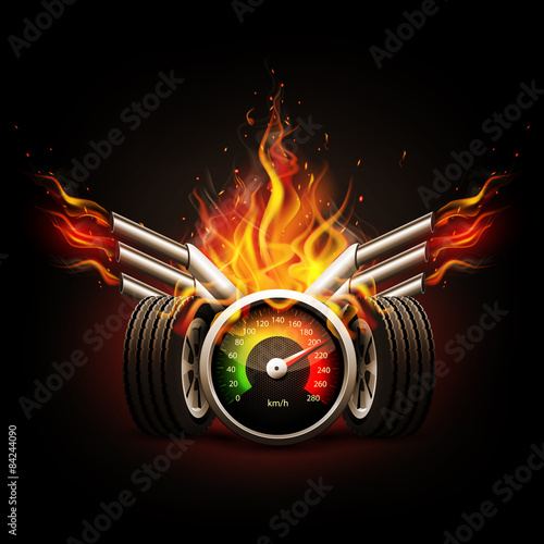 Racing background, speedometer and wheels with fire.