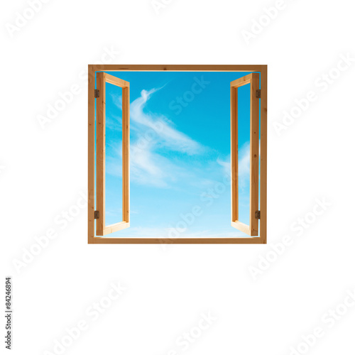window frame open wooden sky view isolated on white background