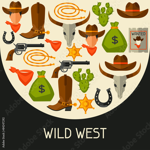 Wild west background with cowboy objects and design elements