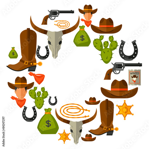 Wild west background with cowboy objects and design elements