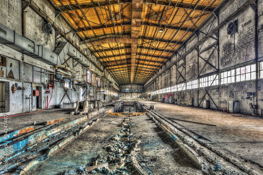 Decaying industrial hall in an abandoned factory