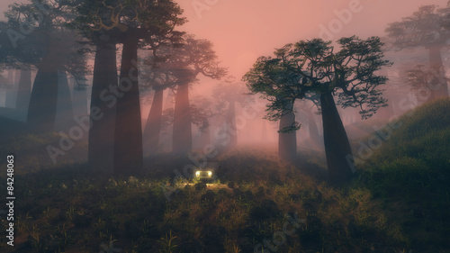 Headlights of a jeep in a misty valley at sunrise © ysbrandcosijn
