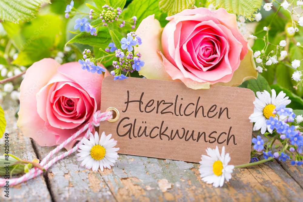 Herzlichen Glückwunsch - Karte mit Blumenstrauß Stock-Foto | Adobe Stock