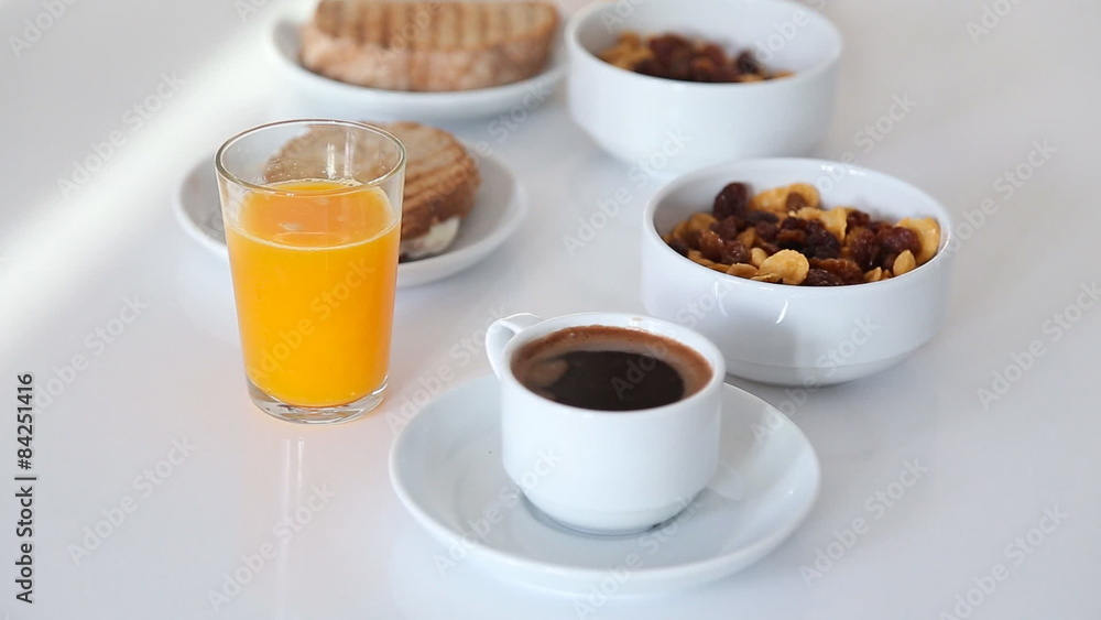 Huge breakfast with sandwich, orange juice Huge breakfast with sandwich, orange juice