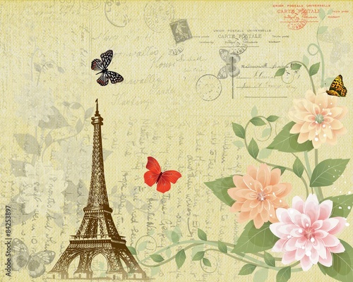Post card of Eiffel tower and flowers on grunge background. 