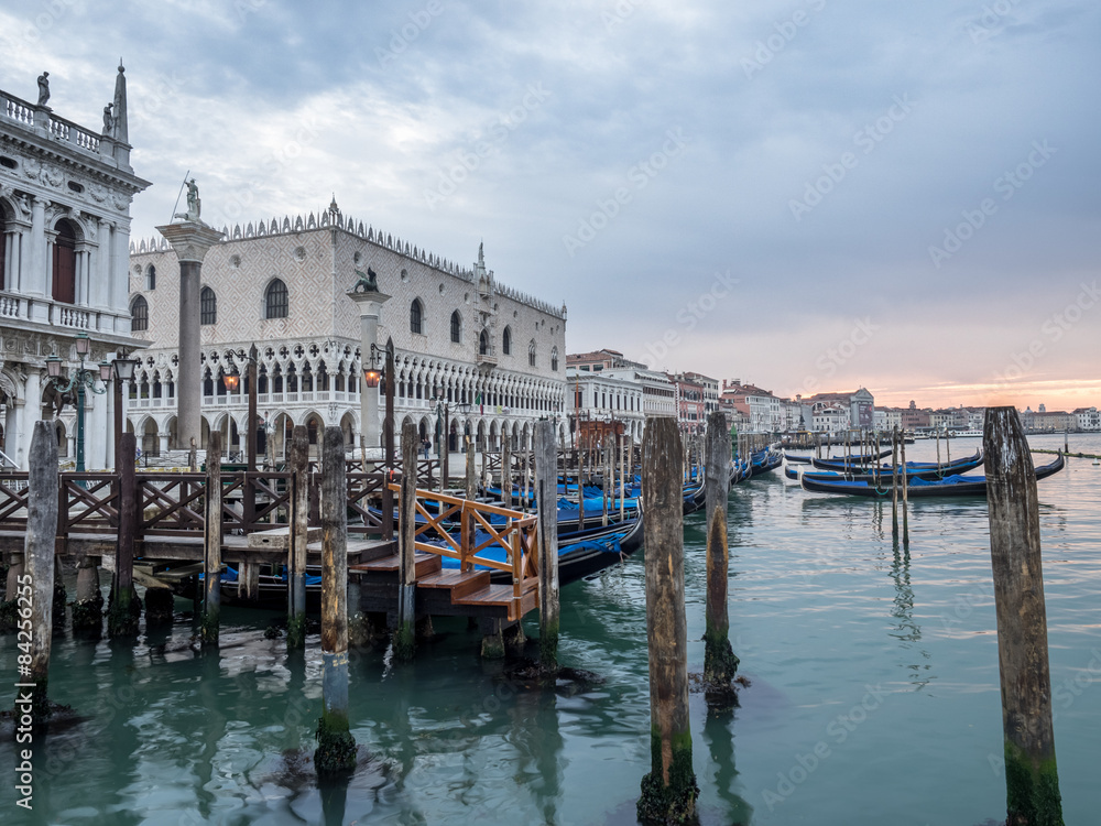 Venice, Italy - 20 May 2105: Gondolas moored on the lagoon. Earl