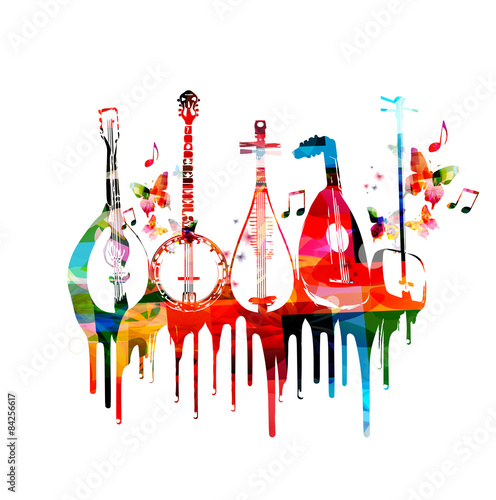 Group of music instruments with butterflies