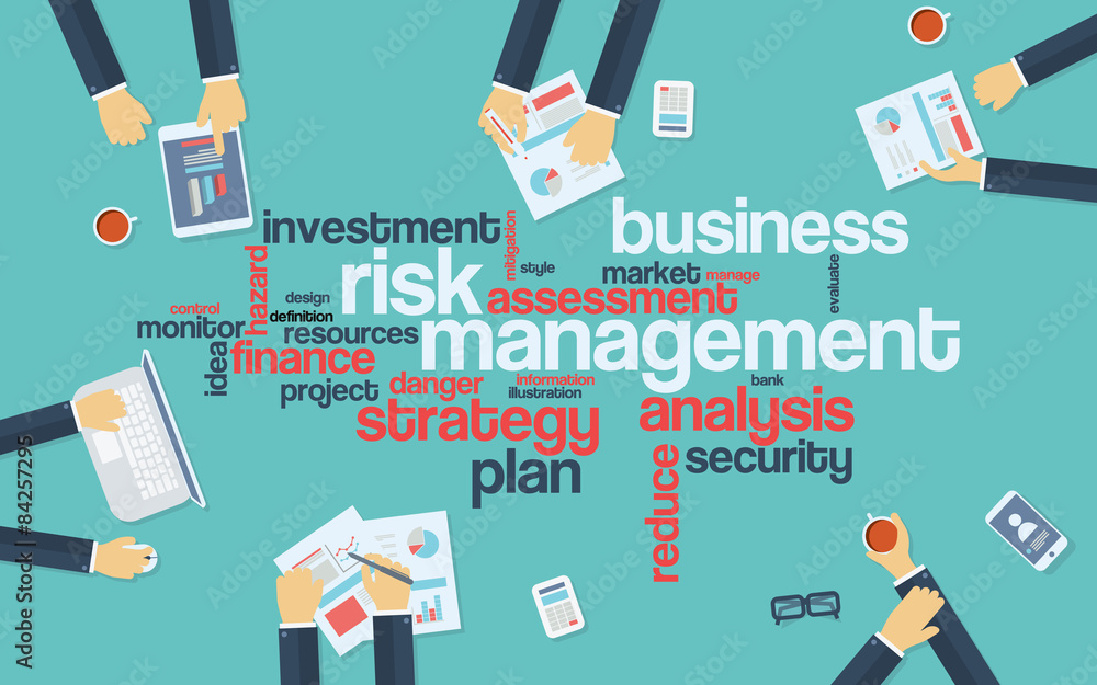 Risk management infographics poster with businessmen working
