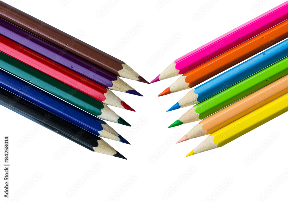 Naklejka premium Drawing supplies: assorted color pencils, on white background