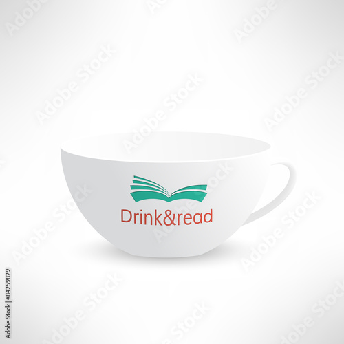 Vector cup with book in realistic design. Boooks cafe logo. Cool photo