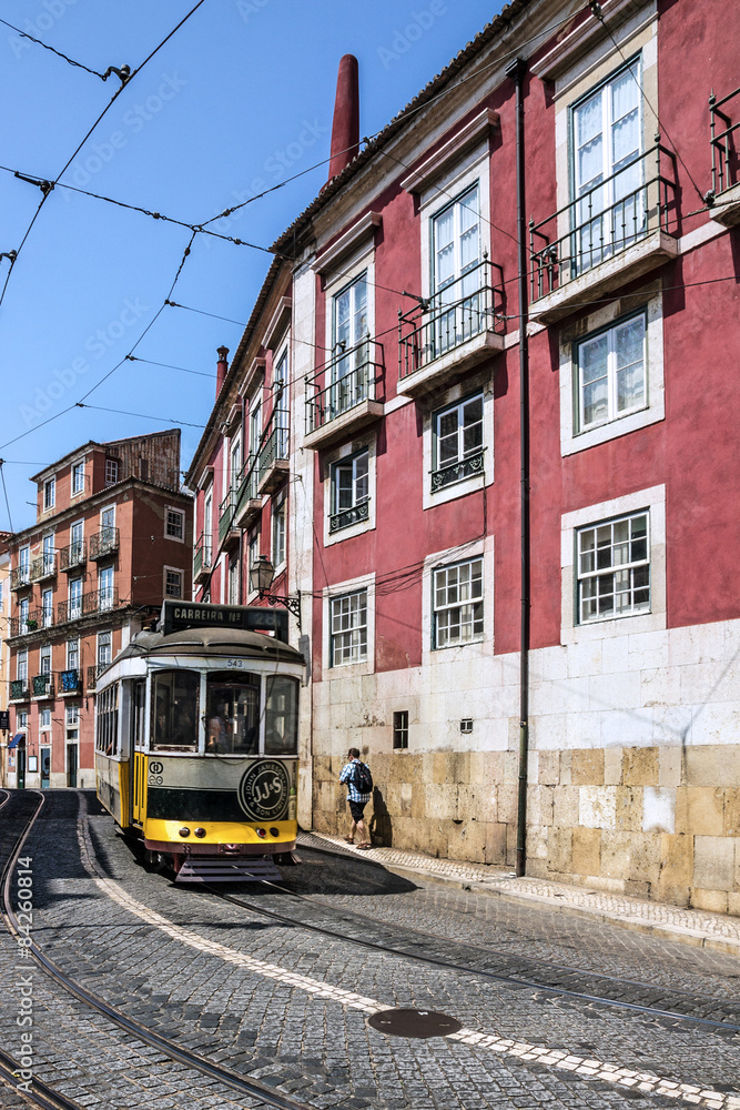 Old tram 28 on the street of Lisbon, Portugal.
