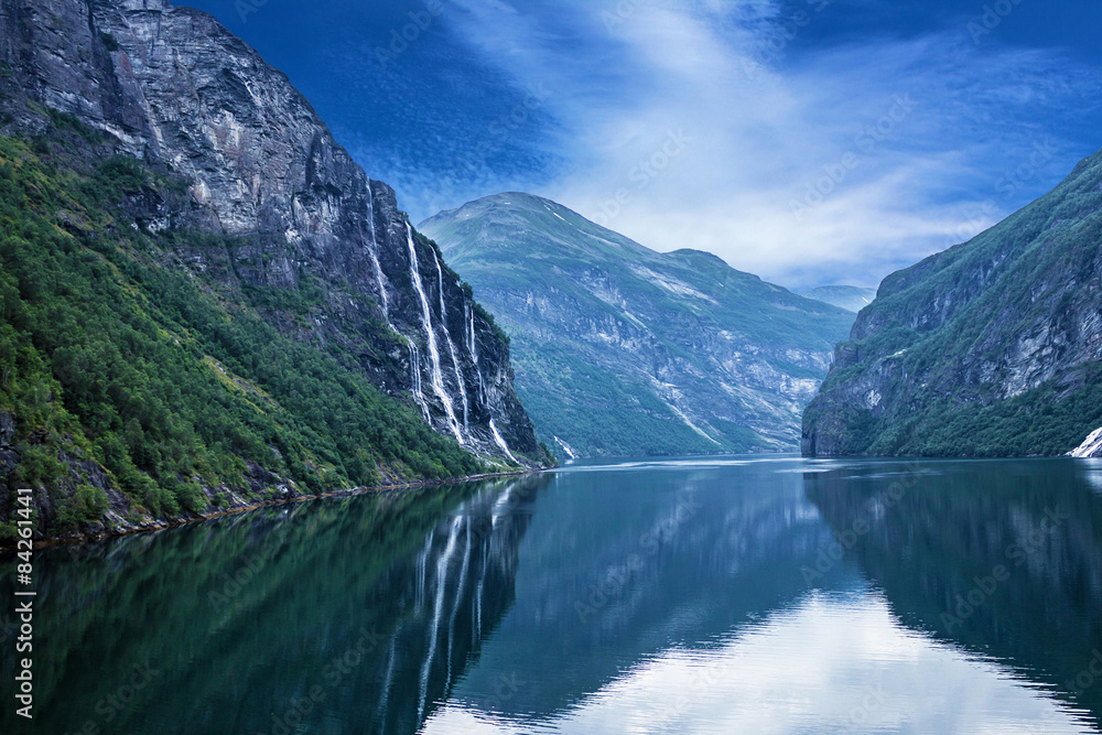 Geiranger fjord, Norway: landscape with mountains and waterfalls