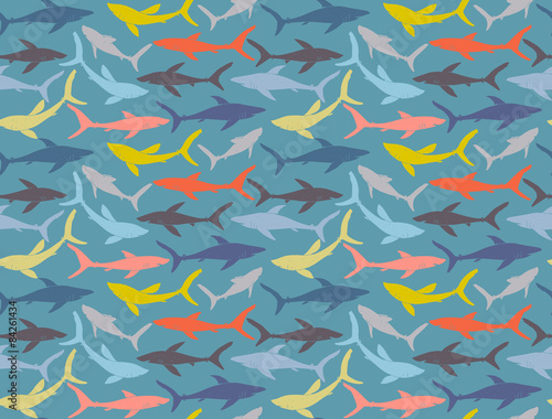 Seamless pattern of hand-drawn sharks silhouettes