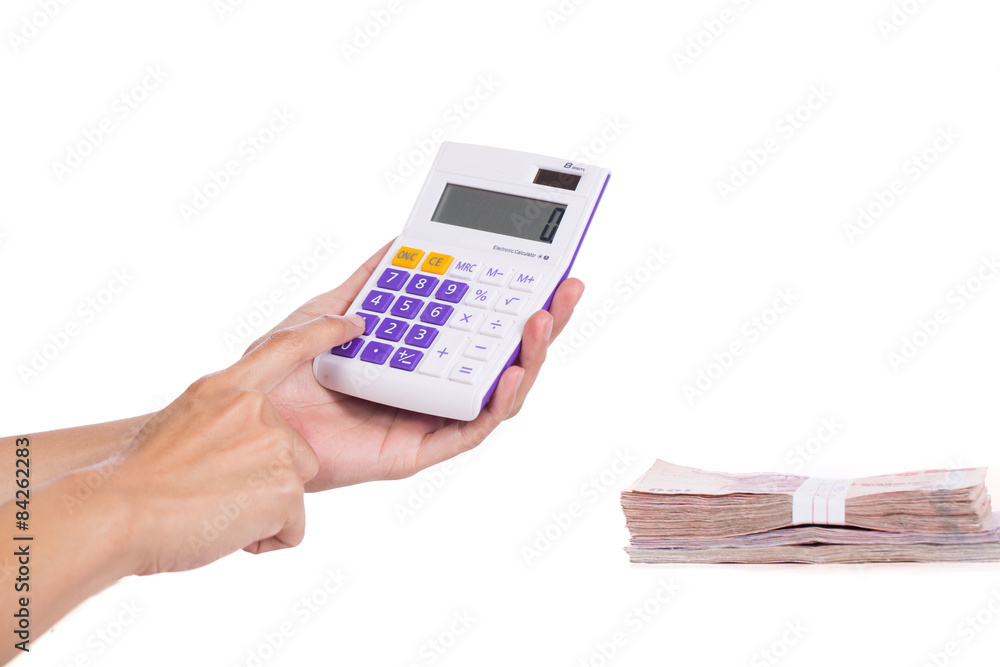 female businessman using a calculator on white background female businessman using a calculator on white background