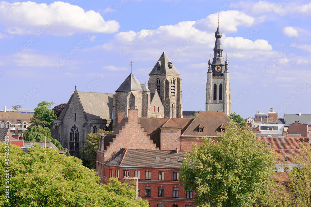 aerial view of  church the city of Kortrijk in Flanders, Belgium