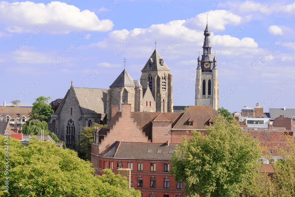 Obraz premium aerial view of church the city of Kortrijk in Flanders, Belgium