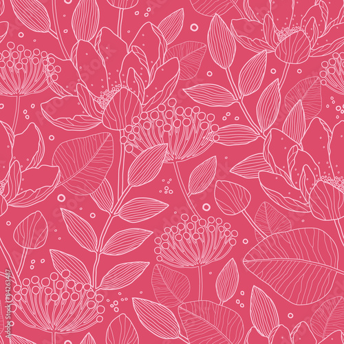 Vector Red White Line Art flowers seamless pattern