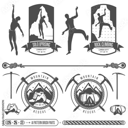 Set of vector mountains and rock climbing emblems.