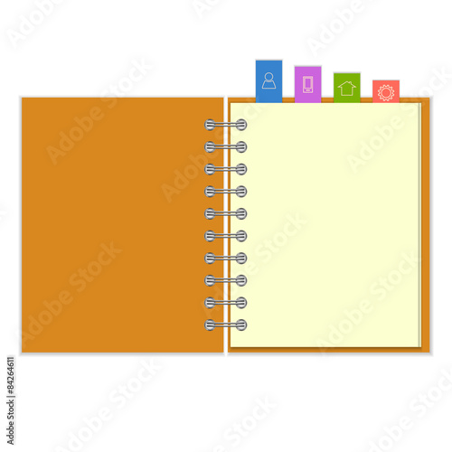 Blank notebook with colorful information bookmarks