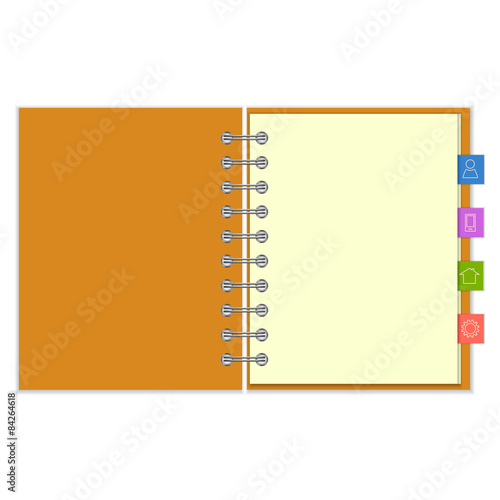Blank notebook with colorful information bookmarks