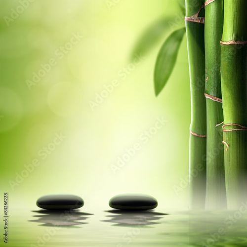 Zen concept. Black spa stones in green bamboo forest