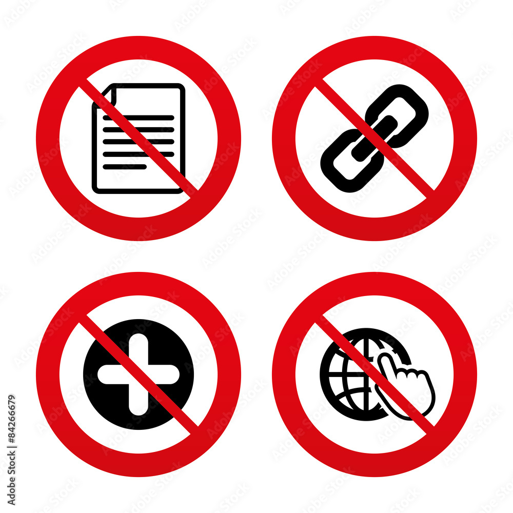 Plus circle and hyperlink signs. File, globe. Plus circle and hyperlink signs. File, globe.