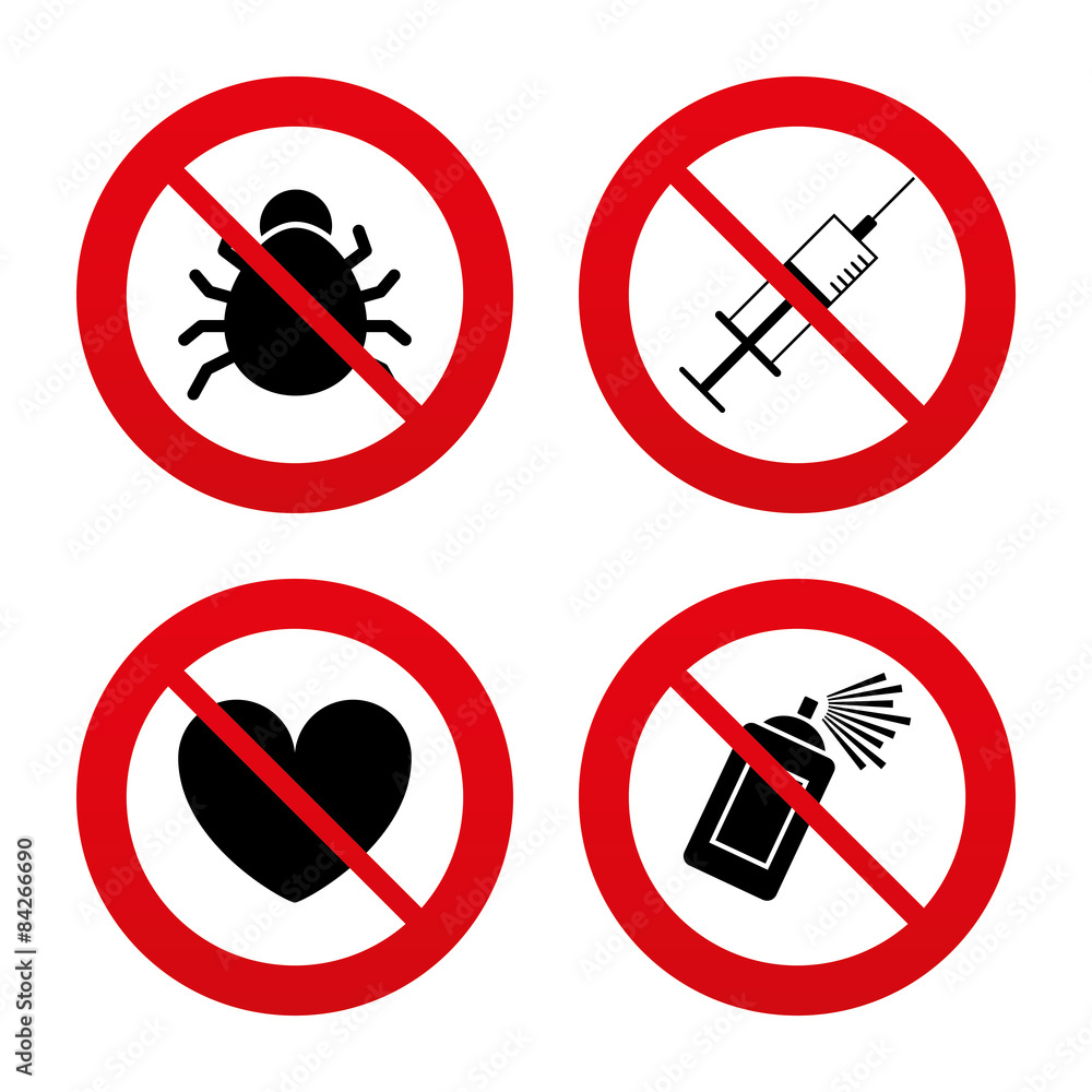 Bug and vaccine signs. Heart, spray can icons Bug and vaccine signs. Heart, spray can icons