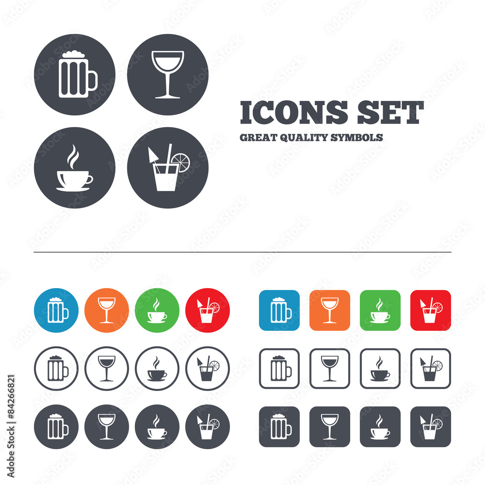 Drinks signs. Coffee cup, glass of beer icons. Drinks signs. Coffee cup, glass of beer icons.