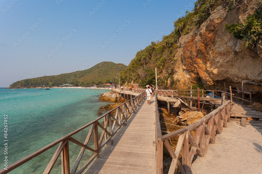Wooden Bridge with beautiful seacape in koh lan ,Thailand