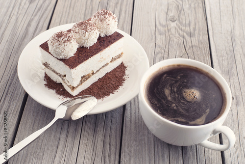 Coffee and cake as a morning meal. Tasty food background