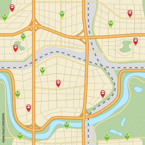 seamless city ​​map with roads and parks