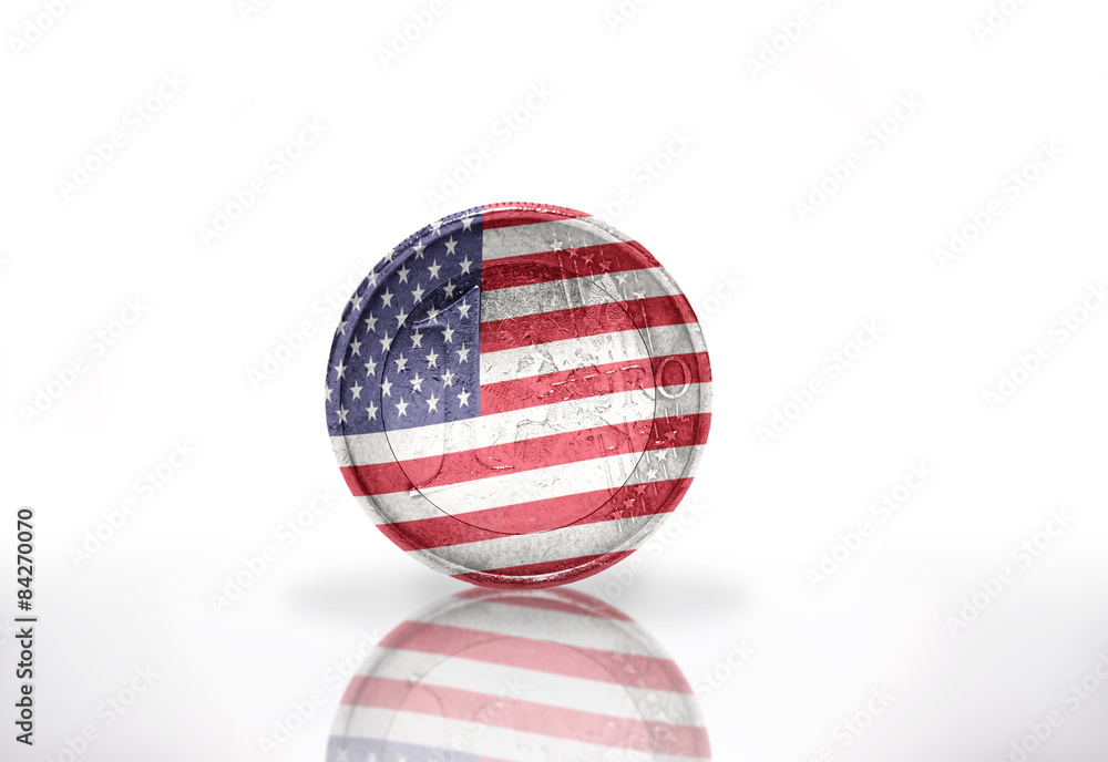 euro coin with american flag on the white background