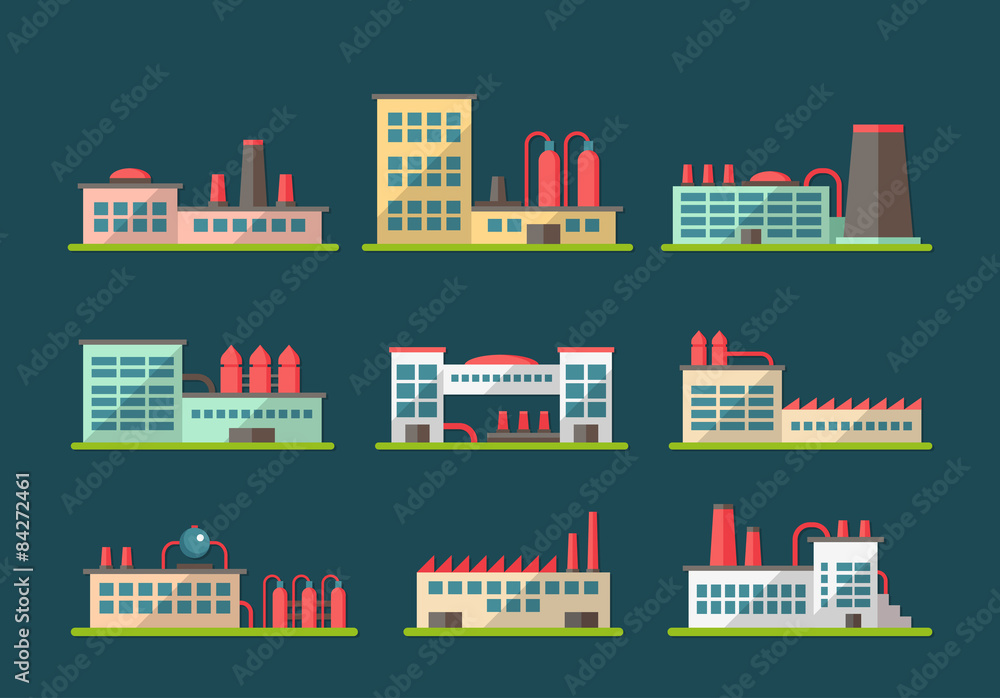 Set of flat design industrial buildings pictograms