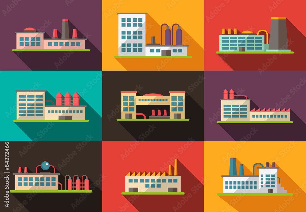 Set of flat design industrial buildings pictograms