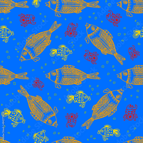 Sea fish and crab underwater, seamless pattern