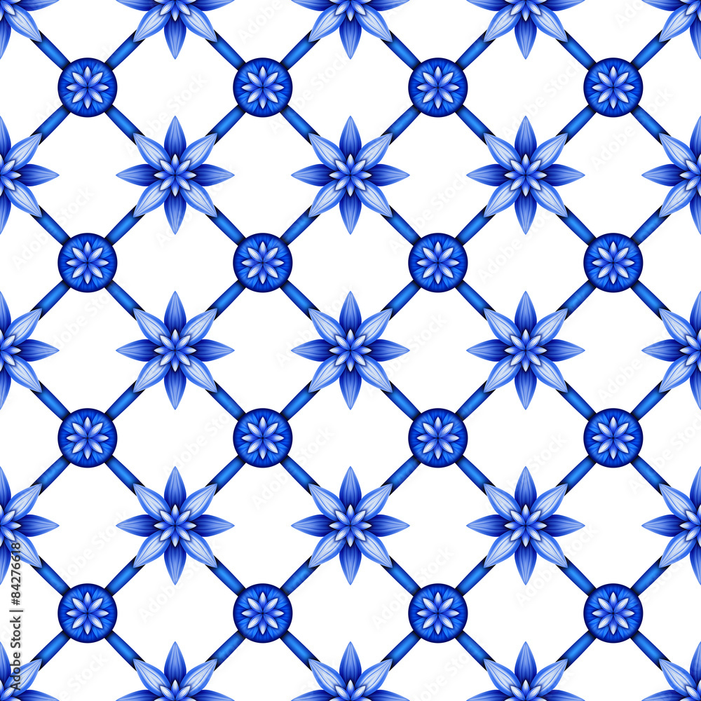 Fototapeta premium abstract floral seamless pattern, blue white gzhel trellis, lattice ornament