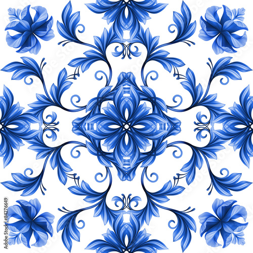 Canvas Print abstract floral seamless pattern, blue white gzhel ornament