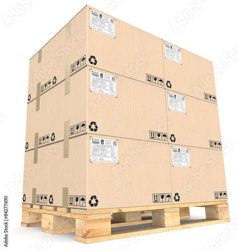 Cargo Eur -pallet and large pile of Boxes. Shipping labels.