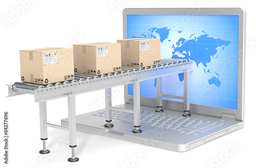 Distribution.Conveyor with Boxes,Laptop with world map. photo