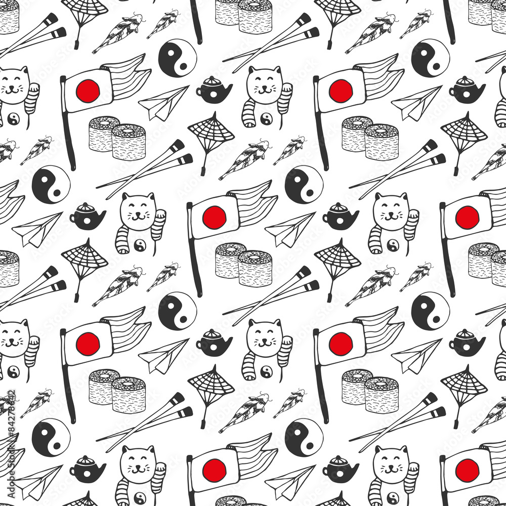 Hand drawn seamless pattern with Japan culture elements. Japan background for design. Vector
