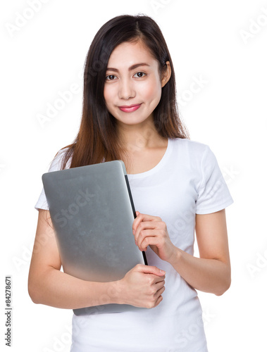 Young lady hold with laptop computer
