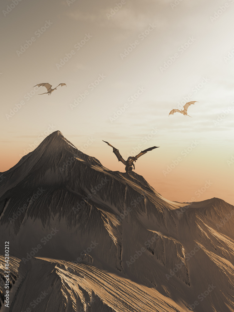 Naklejka premium Dragon Peak at Sunset, ilustracja fantasy